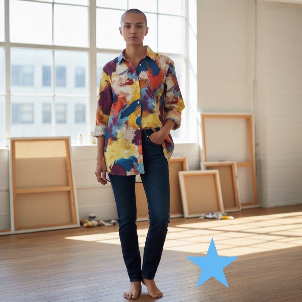 Soft Surroundings Womens Shirt M 8 10 Artsy Painter Palette Button Up Blouse Top